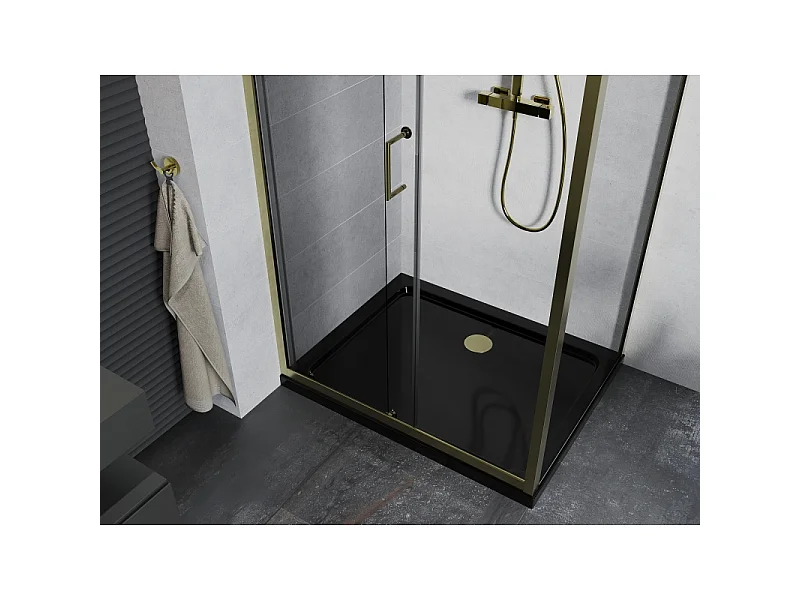 Mexen Apia skydedør brusekabine 140 x 90 cm, transparent, guld + Flat brusekar, sort - 840-140-090-50-00-4070G