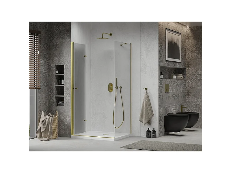 Mexen Lima cabine de douche pliante 100 x 90 cm, transparent, dorée + receveur de douche Flat - 856-100-090-50-00-4010
