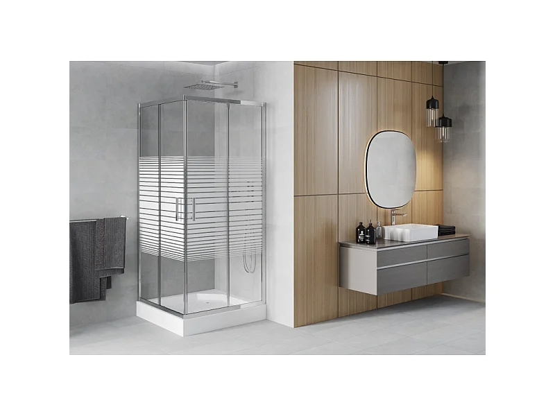 Mexen Rio kvadratisk brusekabine 90 x 90 cm, hvide striber, krom + brusebad, hvid - 860-090-090-01-20-4510