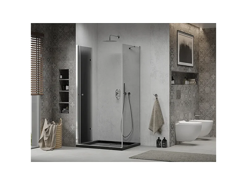 Mexen Lima sammenfoldelig brusekabine 80 x 100 cm, grafit, krom + Flat brusekar, sort - 856-080-100-01-40-4070
