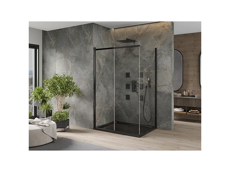 Mexen Omega schuifbare douchecabine 120 x 90 cm, transparant, zwart + Flat douchebak, zwart - 825-120-090-70-00-4070B