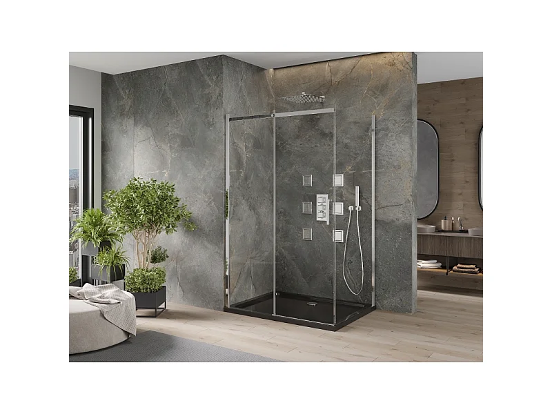 Mexen Omega cabine de douche coulissante 100 x 90 cm, transparent, chrome + receveur Flat, noir - 825-100-090-01-00-4070