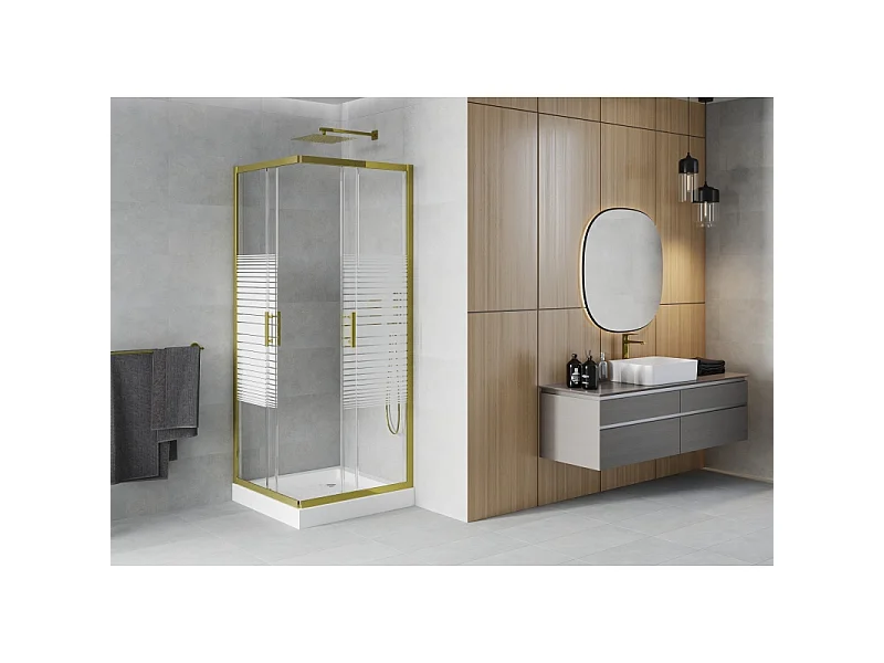 Mexen Rio kvadratisk brusekabine 80 x 80 cm, hvide striber, guld + brusekar, hvid - 860-080-080-50-20-4510