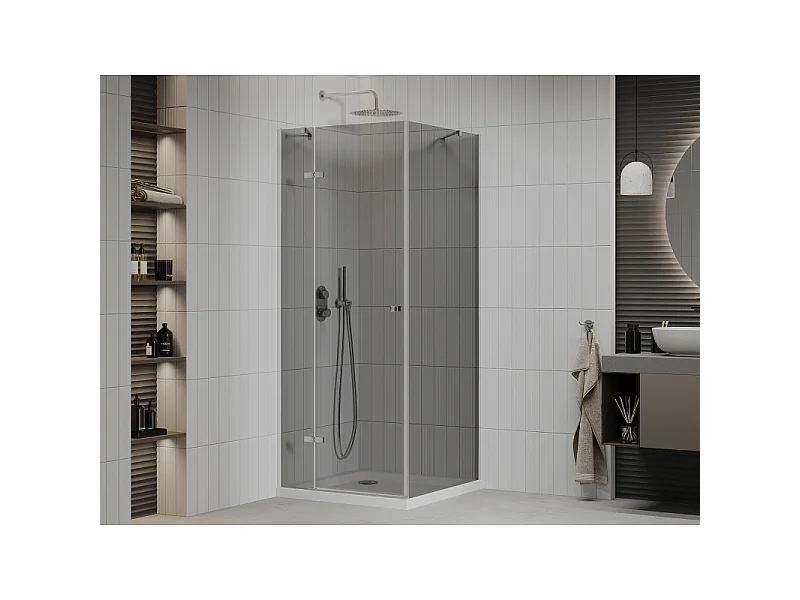 Mexen Roma cabine de douche battante 100 x 100 cm, graphite, chrome + receveur Flat, blanc - 854-100-100-01-40-4010