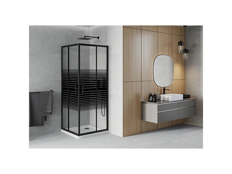 Mexen Rio vierkante douchecabine 70 x 70 cm, zwarte strepen, zwart + Flat douchebak, wit - 860-070-070-70-20-4010B