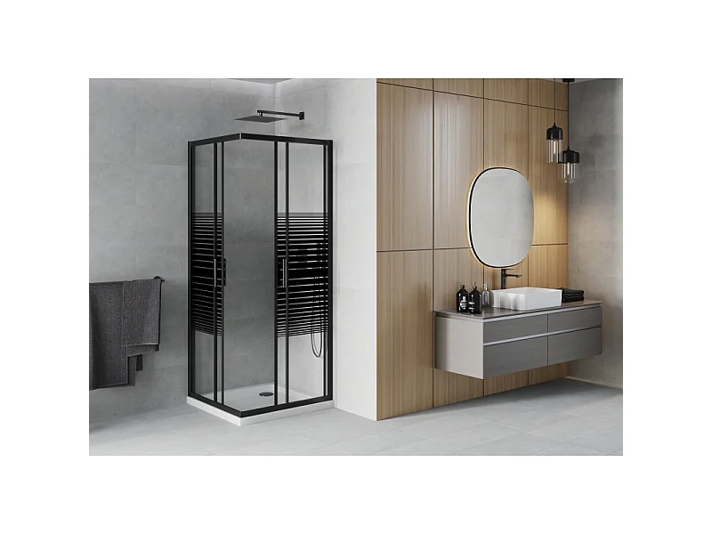 Mexen Rio vierkante douchecabine 70 x 70 cm, zwarte strepen, zwart + Flat douchebak, wit - 860-070-070-70-20-4010B