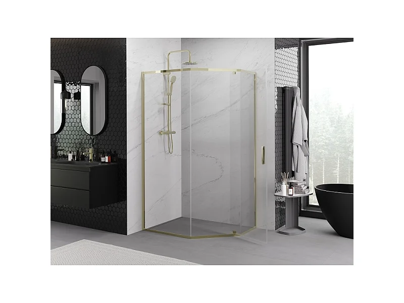 Mexen Exo cabina de ducha pentagonal abatible 100 x 80 cm, transparente, dorada - 812-100-080-50-00