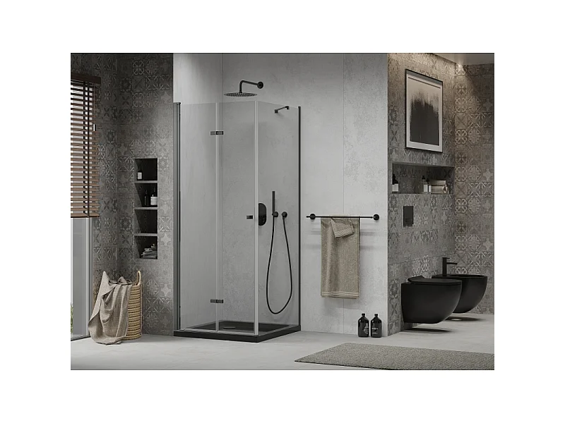 Mexen Lima opvouwbare douchecabine 80 x 80 cm, transparant, zwart + Flat douchebak, zwart - 856-080-080-70-00-4070B