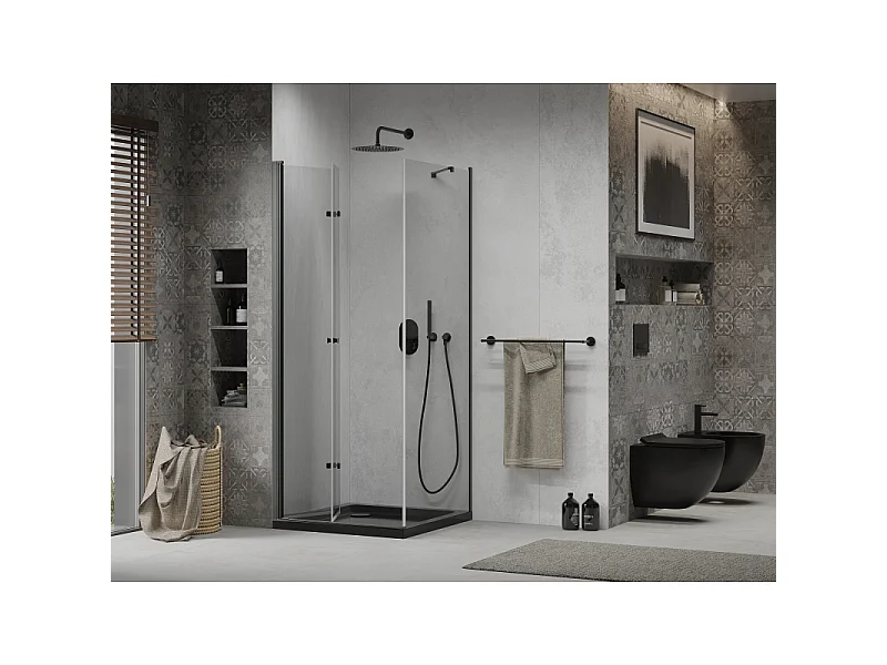 Mexen Lima opvouwbare douchecabine 80 x 80 cm, transparant, zwart + Flat douchebak, zwart - 856-080-080-70-00-4070B