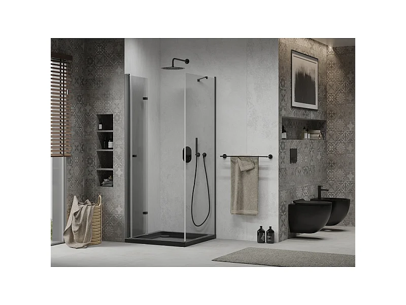 Mexen Lima opvouwbare douchecabine 80 x 80 cm, transparant, zwart + Flat douchebak, zwart - 856-080-080-70-00-4070B