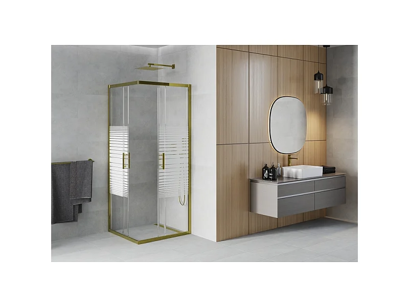 Mexen Rio vierkante douchecabine 90 x 90 cm, witte strepen, goud - 860-090-090-50-20