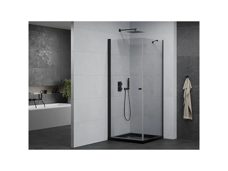Mexen Pretoria Duschkabine schwenkbar 90 x 90 cm, transparent, schwarz + Duschwanne Flat, schwarz - 852-090-090-70-00-4070B
