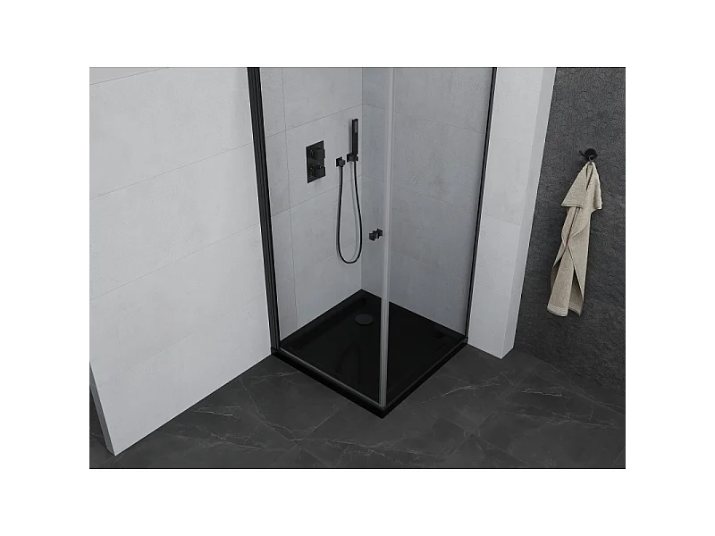 Mexen Pretoria Duschkabine schwenkbar 90 x 90 cm, transparent, schwarz + Duschwanne Flat, schwarz - 852-090-090-70-00-4070B