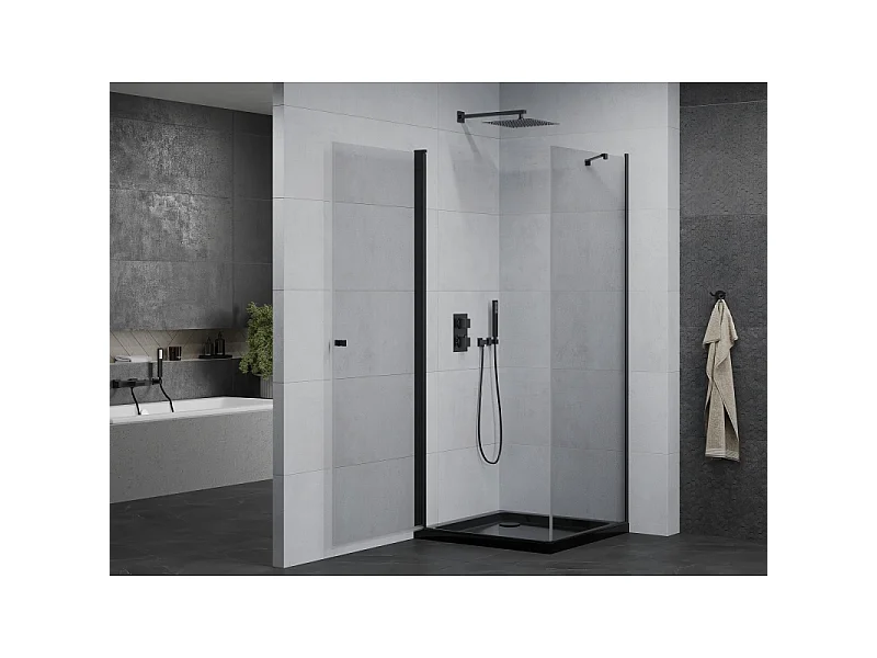 Mexen Pretoria Duschkabine schwenkbar 90 x 90 cm, transparent, schwarz + Duschwanne Flat, schwarz - 852-090-090-70-00-4070B