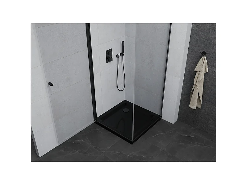 Mexen Pretoria Duschkabine schwenkbar 90 x 90 cm, transparent, schwarz + Duschwanne Flat, schwarz - 852-090-090-70-00-4070B
