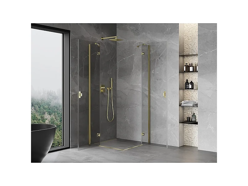 Mexen Mist-H Duo kabina za prhanje s preklopnimi vrati 75 x 75 cm, prozorna, zlata - 8A5-075L-075P-50-00