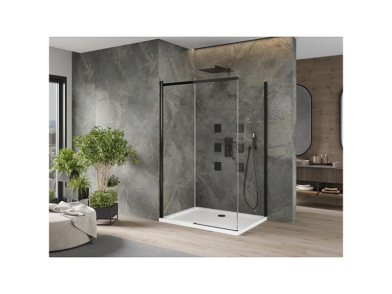 Mexen Omega schuifbare douchecabine 140 x 90 cm, transparant, zwart + Flat douchebak, wit - 825-140-090-70-00-4010B