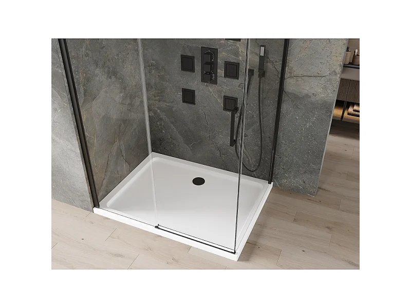Mexen Omega schuifbare douchecabine 140 x 90 cm, transparant, zwart + Flat douchebak, wit - 825-140-090-70-00-4010B