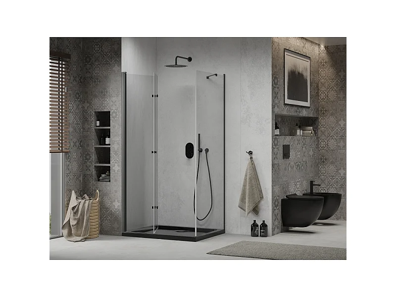Mexen Lima vouwbare douchecabine 100 x 80 cm, transparant, zwart + flat douchebak, zwart - 856-100-080-70-00-4070B