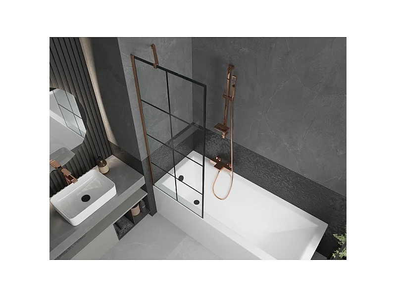 Mexen Next 1-delig badscherm 70 x 150 cm, zwart raster, roze goud - 895-070-000-00-77-60