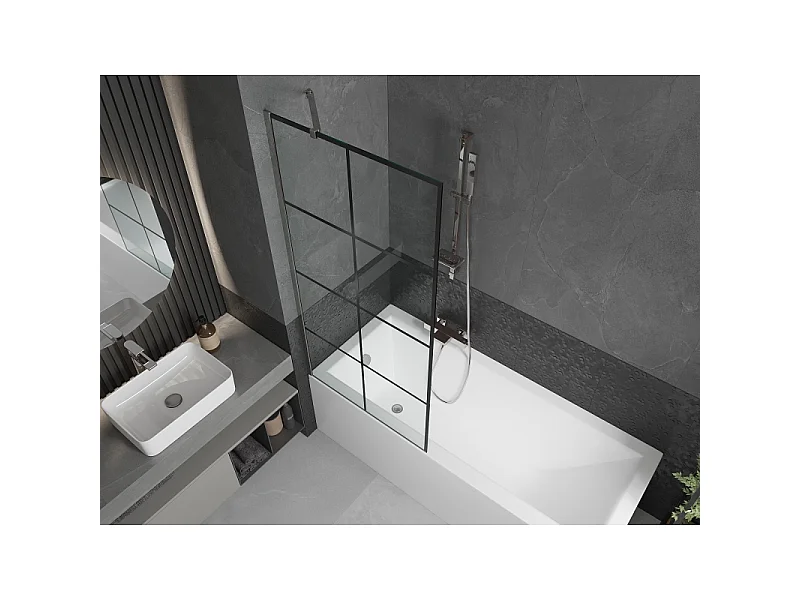 Mexen Next 1-panel bath screen 80 x 150 cm, black grid, chrome - 895-080-000-00-77-01