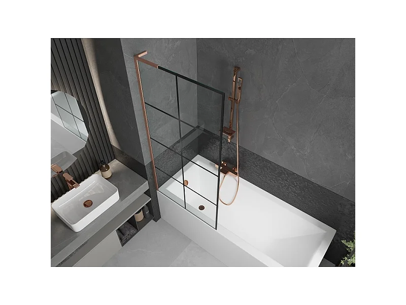 Mexen Next L paroi de baignoire à 1 vantail 80 x 150 cm, grille noire, cuivre brossé - 895-080-000-03-77-65