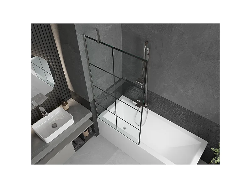 Mexen Next 1-Panel Bath Screen 90 x 150 cm, Black Grid, Chrome - 895-090-000-00-77-01