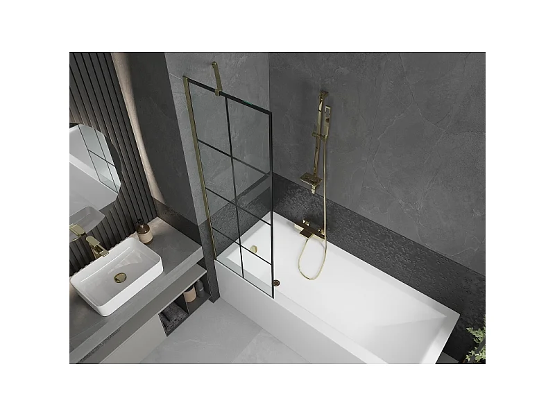 Mexen Next paroi de baignoire à 1 vantail 60 x 150 cm, grille noire, dorée - 895-060-000-00-77-50