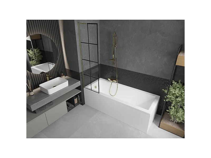 Mexen Next L paravent de baignoire à 1 vantail 50 x 150 cm, grille noire, or brossé - 895-050-000-03-77-55