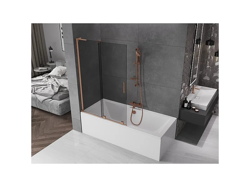 Mexen Velar L sliding bathtub screen, 2-panel 110 x 150 cm, graphite, brushed copper - 896-110-003-41-65