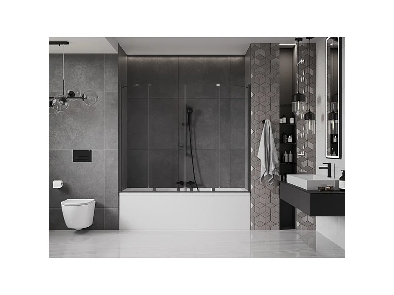 Mexen Velar Duo badekarskærm 2-fløjet skydedør 180 x 150 cm, transparent, gun gray børstet - 896-180-000-02-66