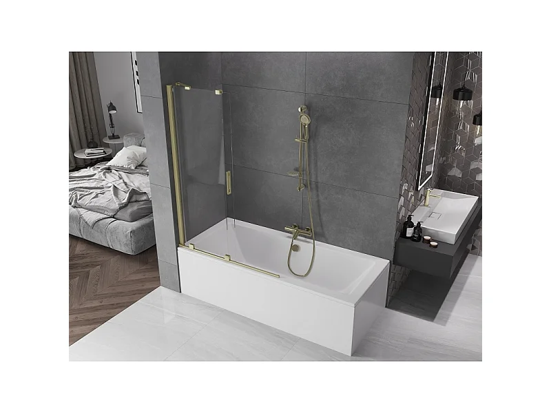 Mexen Velar paroi de baignoire à 2 panneaux coulissants 110 x 150 cm, transparent, doré brossé - 896-110-000-01-55