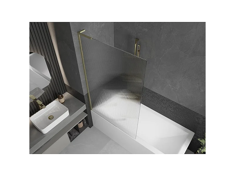 Mexen Next L Bathtub Screen 1-Leaf 100 x 150 cm, Striped Glass, Brushed Gold - 895-100-000-03-09-55