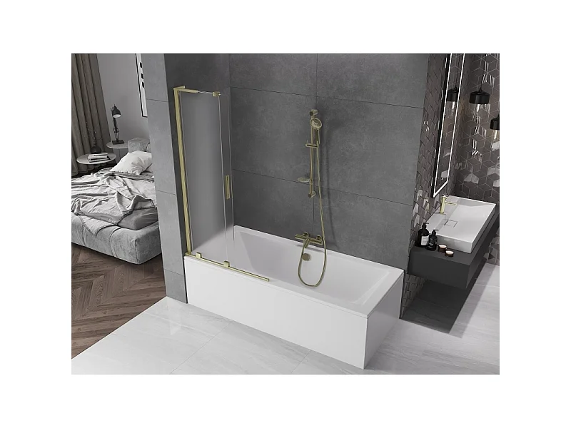 Mexen Velar L divisória de banho deslizante de 2 painéis 95 x 150 cm, fosco, dourado escovado - 896-095-003-31-55