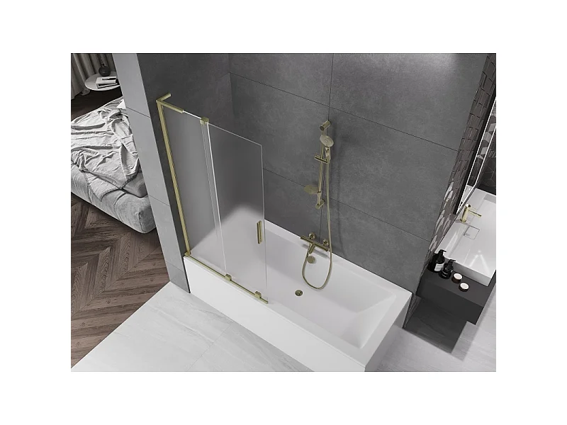 Mexen Velar L divisória de banho deslizante de 2 painéis 95 x 150 cm, fosco, dourado escovado - 896-095-003-31-55