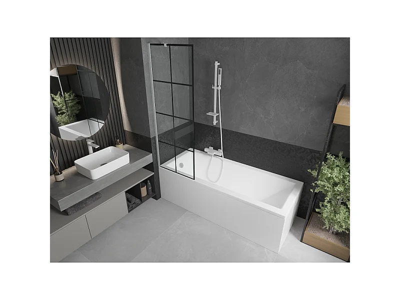 Mexen Next single-wing bath screen 60 x 150 cm, black grid, white - 895-060-000-00-77-20