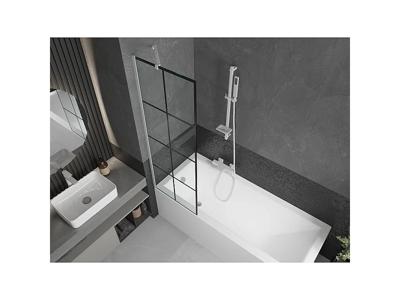 Mexen Next single-wing bath screen 60 x 150 cm, black grid, white - 895-060-000-00-77-20