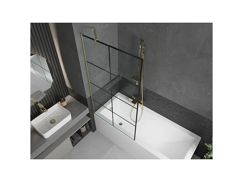 Mexen Next paroi de bain à 1 vantail 90 x 150 cm, quadrillage noir, doré brossé - 895-090-000-00-77-55