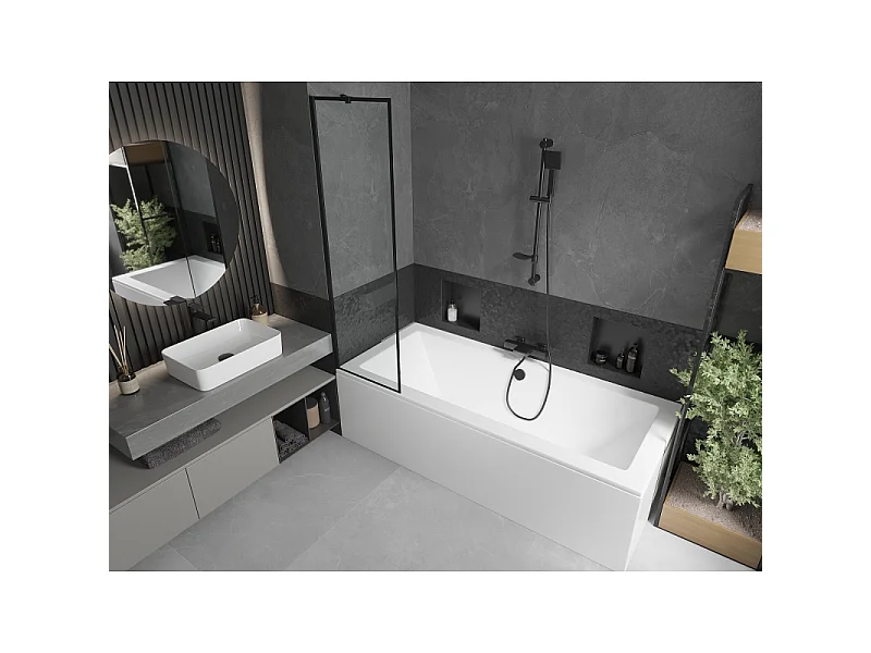 Mexen Cube bañera rectangular de 170 x 80 cm con revestimiento y mampara de 1 hoja de 50 cm, diseño negro