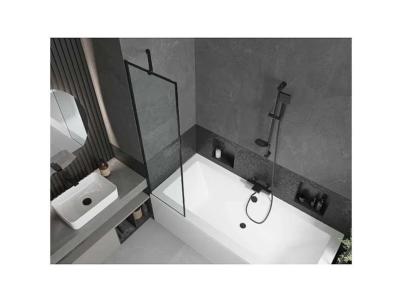Mexen Cube bañera rectangular de 170 x 80 cm con revestimiento y mampara de 1 hoja de 50 cm, diseño negro