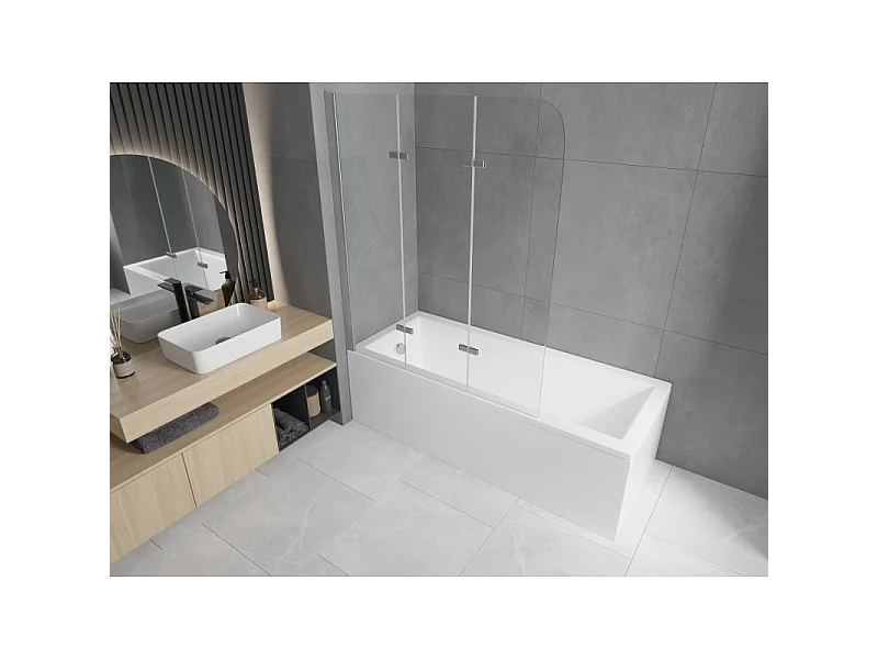 Mexen Cubik bañera rectangular 160 x 70 cm con revestimiento y pantalla de 3 hojas 120 cm, transparente, cromo
