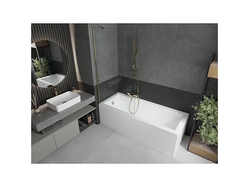 Mexen Cubik baignoire rectangulaire 170 x 70 cm avec habillage et paravent à 1 volet 90 cm, transparent, doré