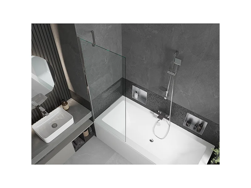 Mexen Cube bañera rectangular de 170 x 80 cm con revestimiento y mampara de 1 hoja de 70 cm, transparente, cromo