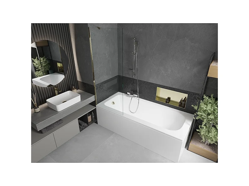 Mexen Vega bañera rectangular 160 x 70 cm con revestimiento y mampara de 1 hoja de 70 cm, transparente, cromo
