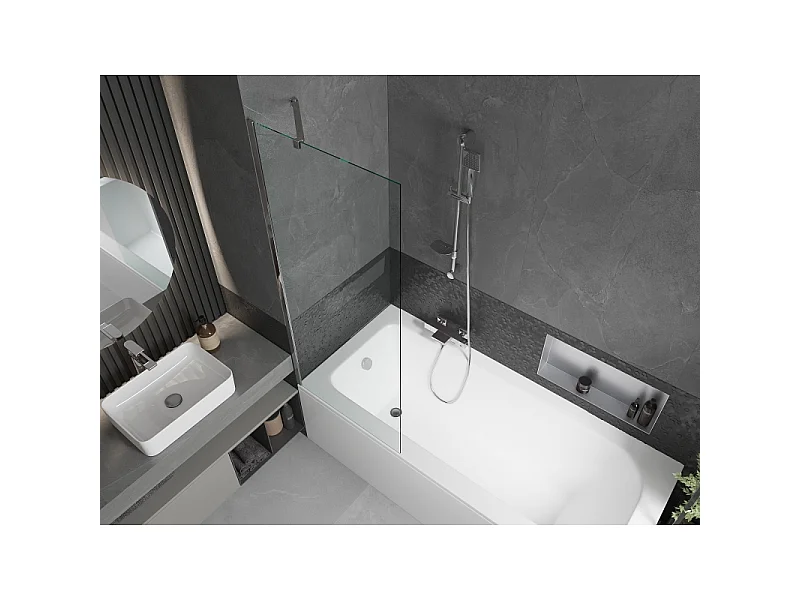 Mexen Vega bañera rectangular 160 x 70 cm con revestimiento y mampara de 1 hoja de 70 cm, transparente, cromo