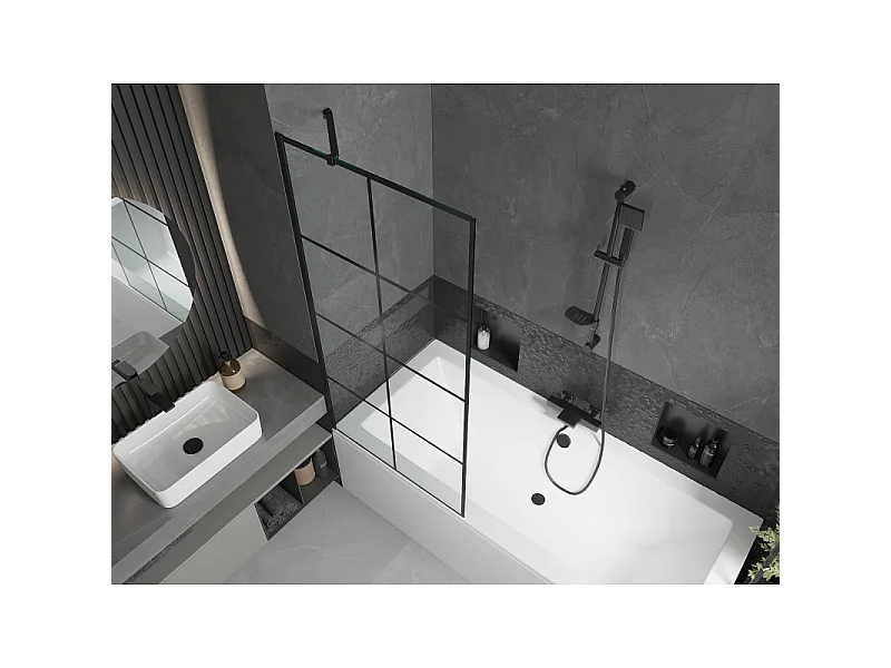 Mexen Cube rectangular bath 170 x 80 cm with casing and 1-wing screen 80 cm, black pattern - 550517080X9508007077