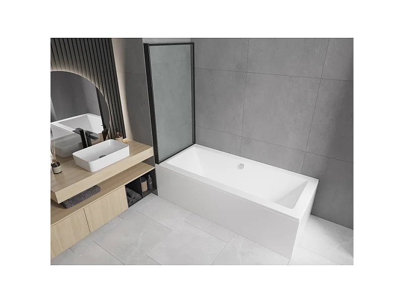 Mexen Cube bañera rectangular de 170 x 80 cm con revestimiento y mampara de 1 hoja de 70 cm, patrón negro