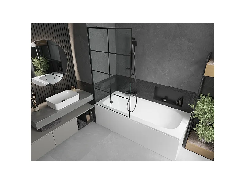 Mexen Vega baignoire rectangulaire 160 x 70 cm avec habillage et paroi de douche 1 volet 90 cm, motif noir