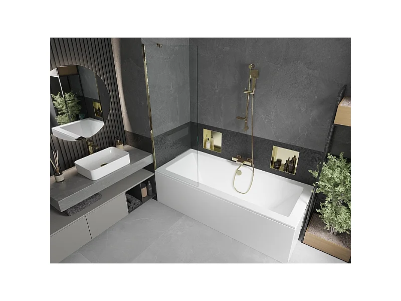 Mexen Cube bañera rectangular 180 x 80 cm con revestimiento y mampara de 1 hoja de 70 cm, transparente, dorado