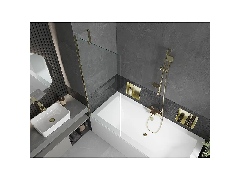 Mexen Cube bañera rectangular 180 x 80 cm con revestimiento y mampara de 1 hoja de 70 cm, transparente, dorado